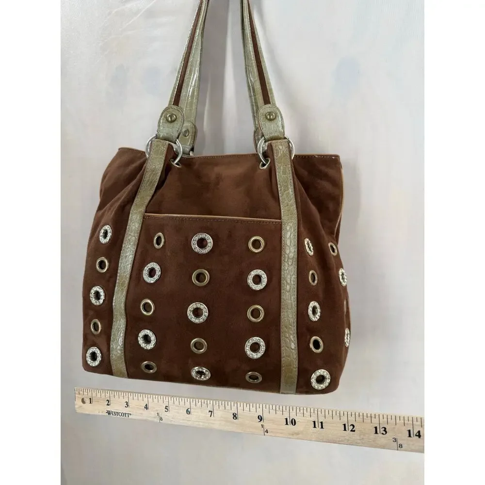 Vintage Y2K Kathy Van Zeeland Brown Faux Suede Grommet Tote Bag